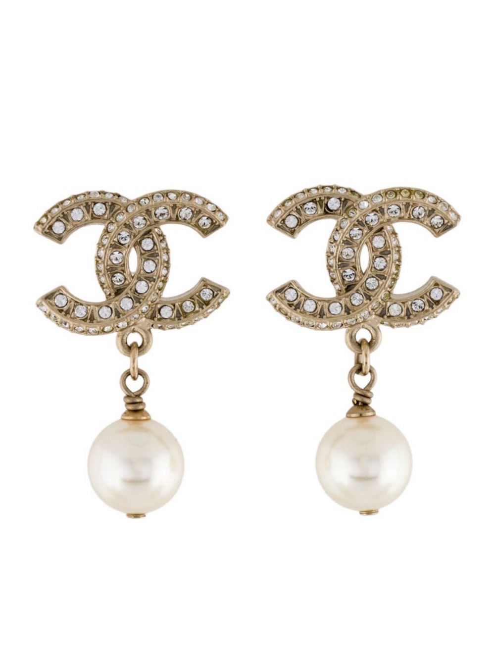 CHANEL Gold-Tone Crystal CC Drop Earrings with Cream Pearls